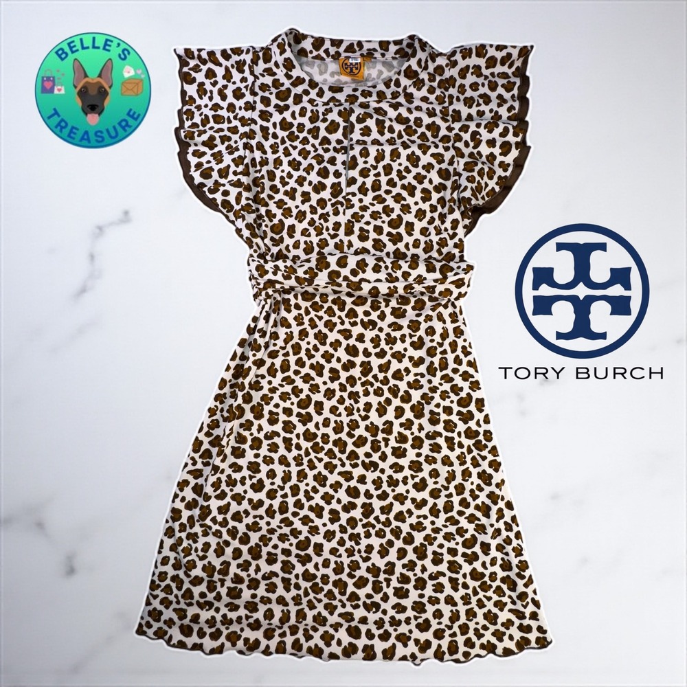 Tory Burch Dress XS Brown Leopard Print Flutter Sleeve Stretch Mini Casual Luxe